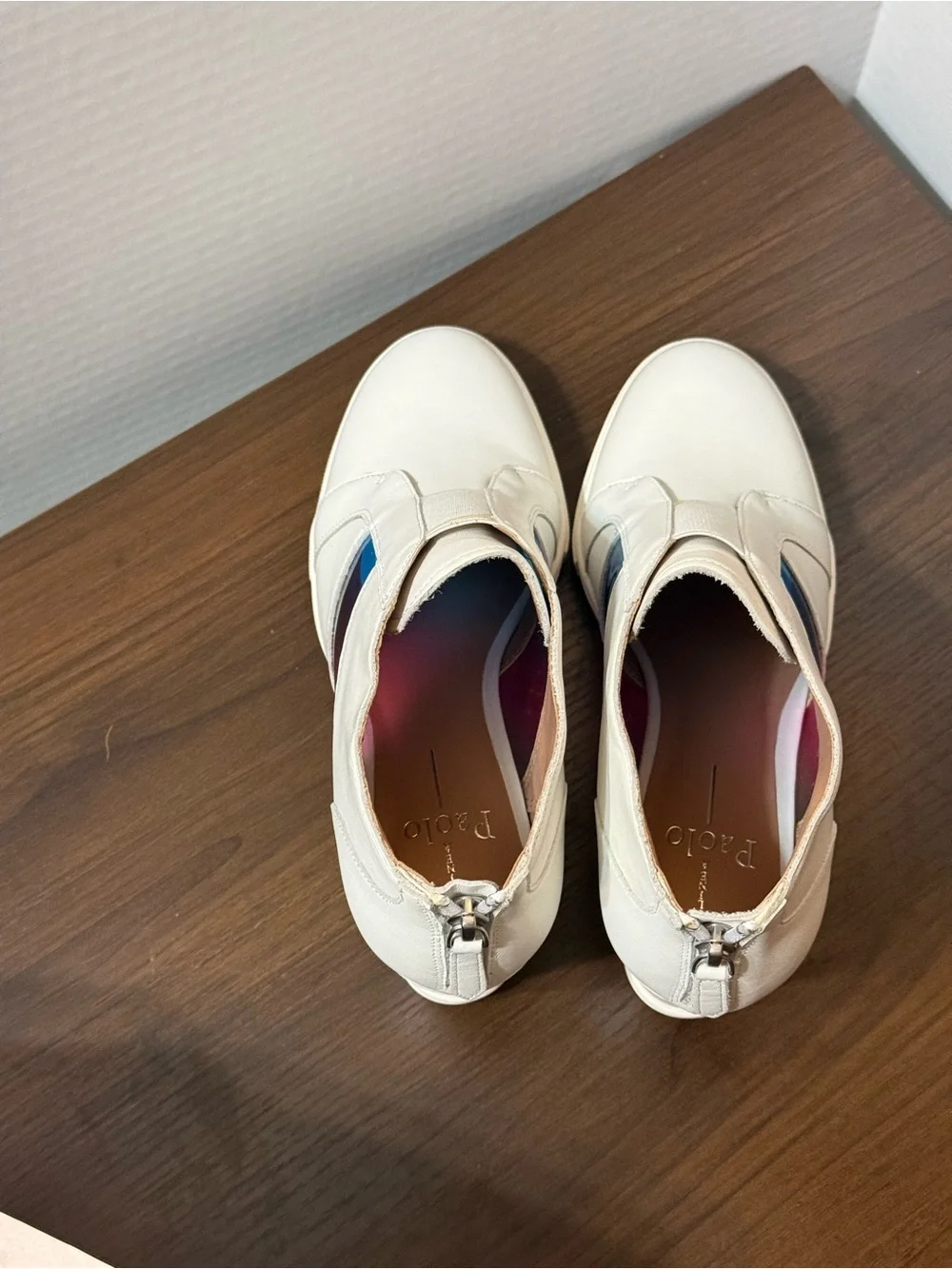 Linea Paolo White Leather Wedge Sneakers with Colorful Panels